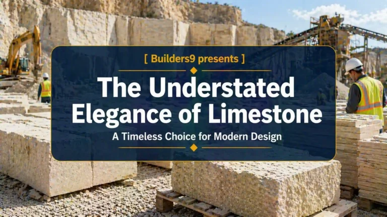 Workers at a limestone quarry with large cut stone blocks and heavy machinery