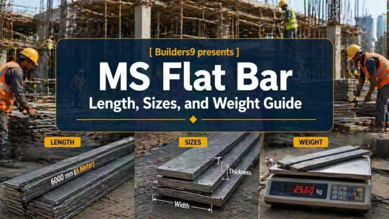 MS flat steel bars showing length, size dimensions and weight measurement at construction site