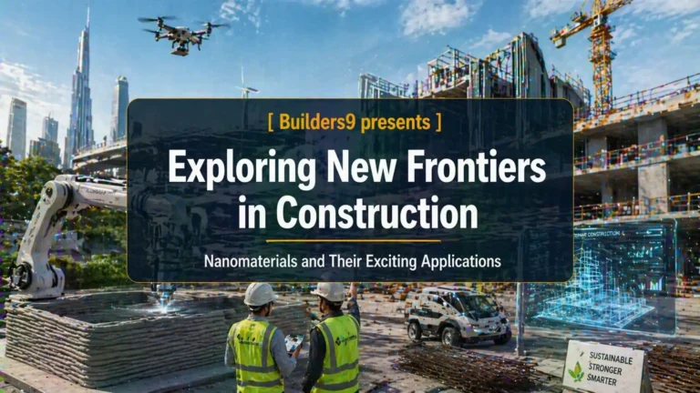 Futuristic construction site with drones, robotic machinery, and engineers showcasing advanced nanotechnology in building