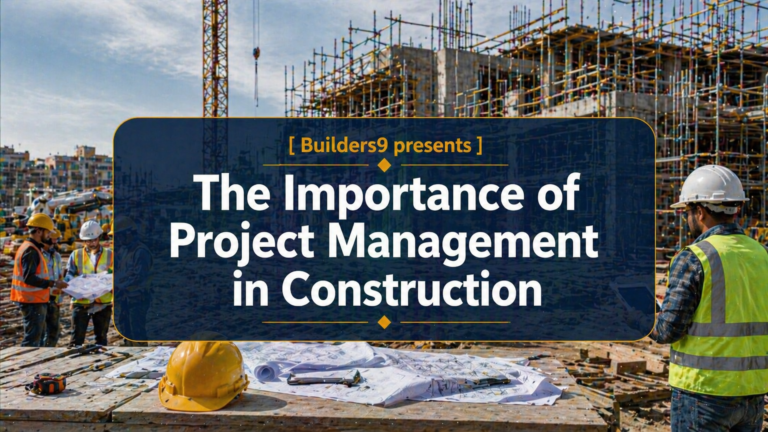 Construction managers reviewing blueprints at an active building site with scaffolding and workers in the background