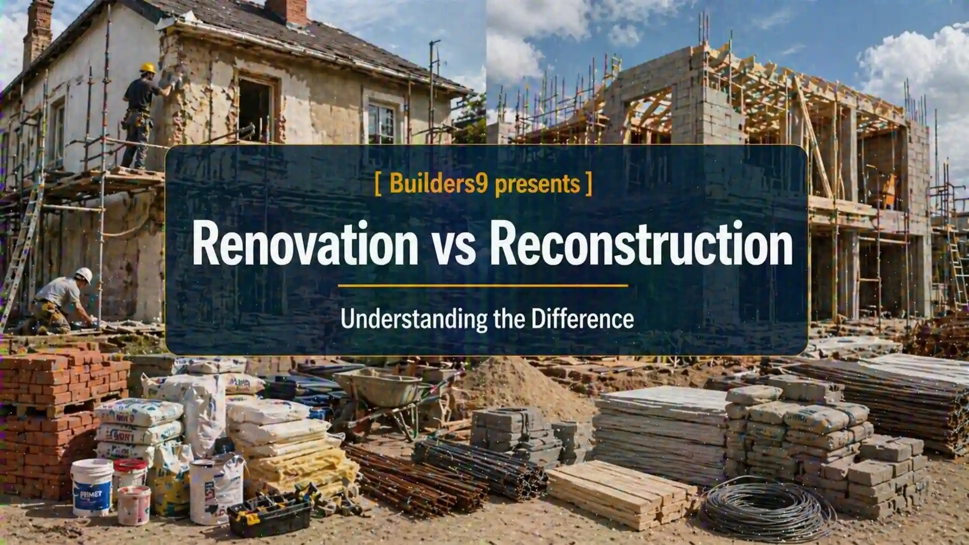 Side-by-side view of house renovation on left and new building reconstruction on right with workers and materials