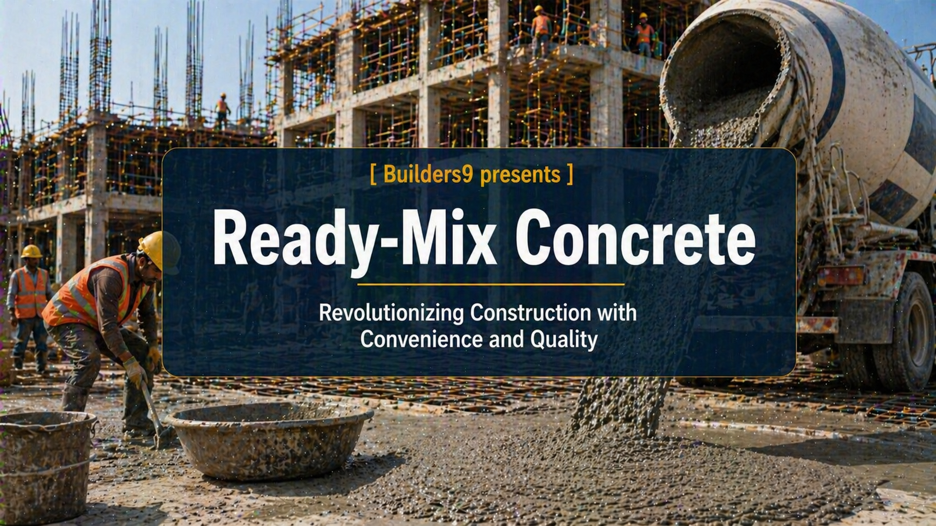 Ready-mix concrete being poured from mixer truck at construction site with workers leveling fresh concrete