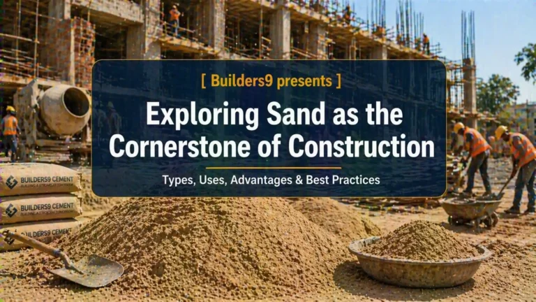 Construction workers using sand piles for mixing concrete at a building site