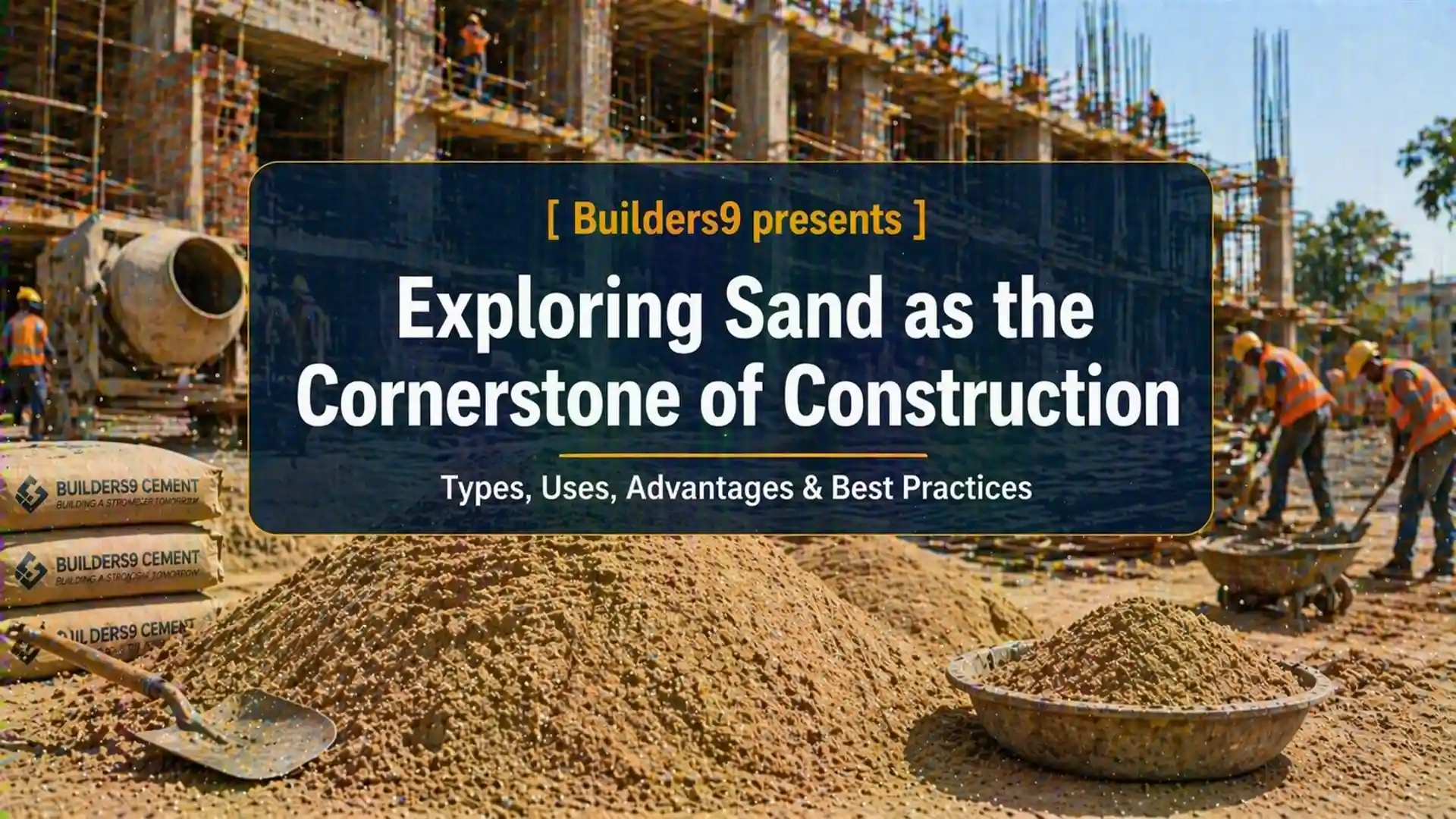 Construction workers using sand piles for mixing concrete at a building site