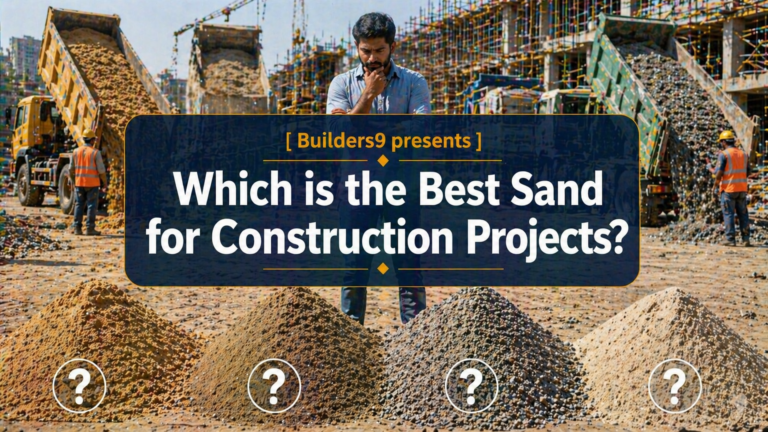 Construction site with different sand types in piles and workers unloading materials from trucks