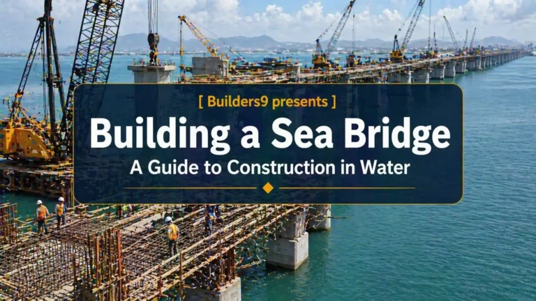 Construction of a sea bridge with workers, cranes, and pillars over water