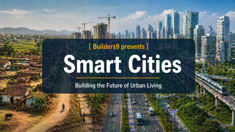 Smart city concept showing contrast between rural village and modern urban skyline with metro train and highways