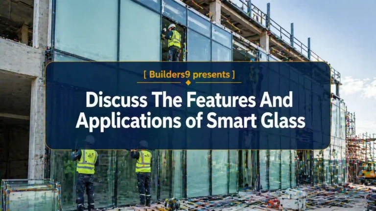 Construction workers installing large smart glass panels on a modern building facade at an active site