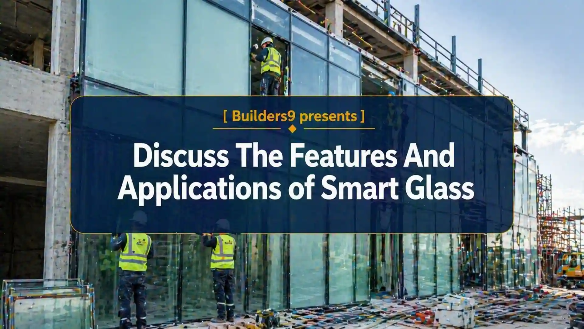 Construction workers installing large smart glass panels on a modern building facade at an active site