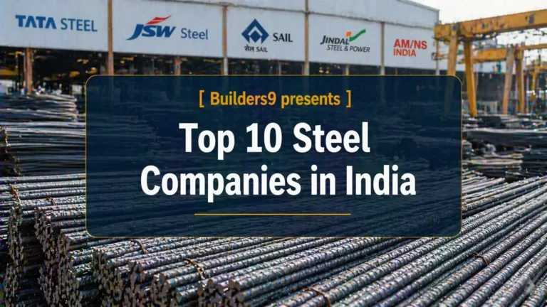 Steel bars stacked at industrial yard with leading Indian steel company logos in background