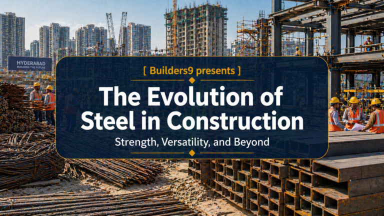 Construction site with stacked steel bars and beams, workers, and high-rise buildings in the background