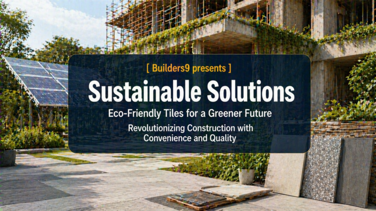 Eco-friendly building with solar panels and sustainable tiles displayed in a green construction setting