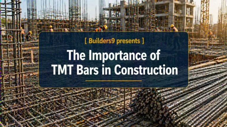 TMT bars arranged at construction site with workers and reinforced steel framework for building structures