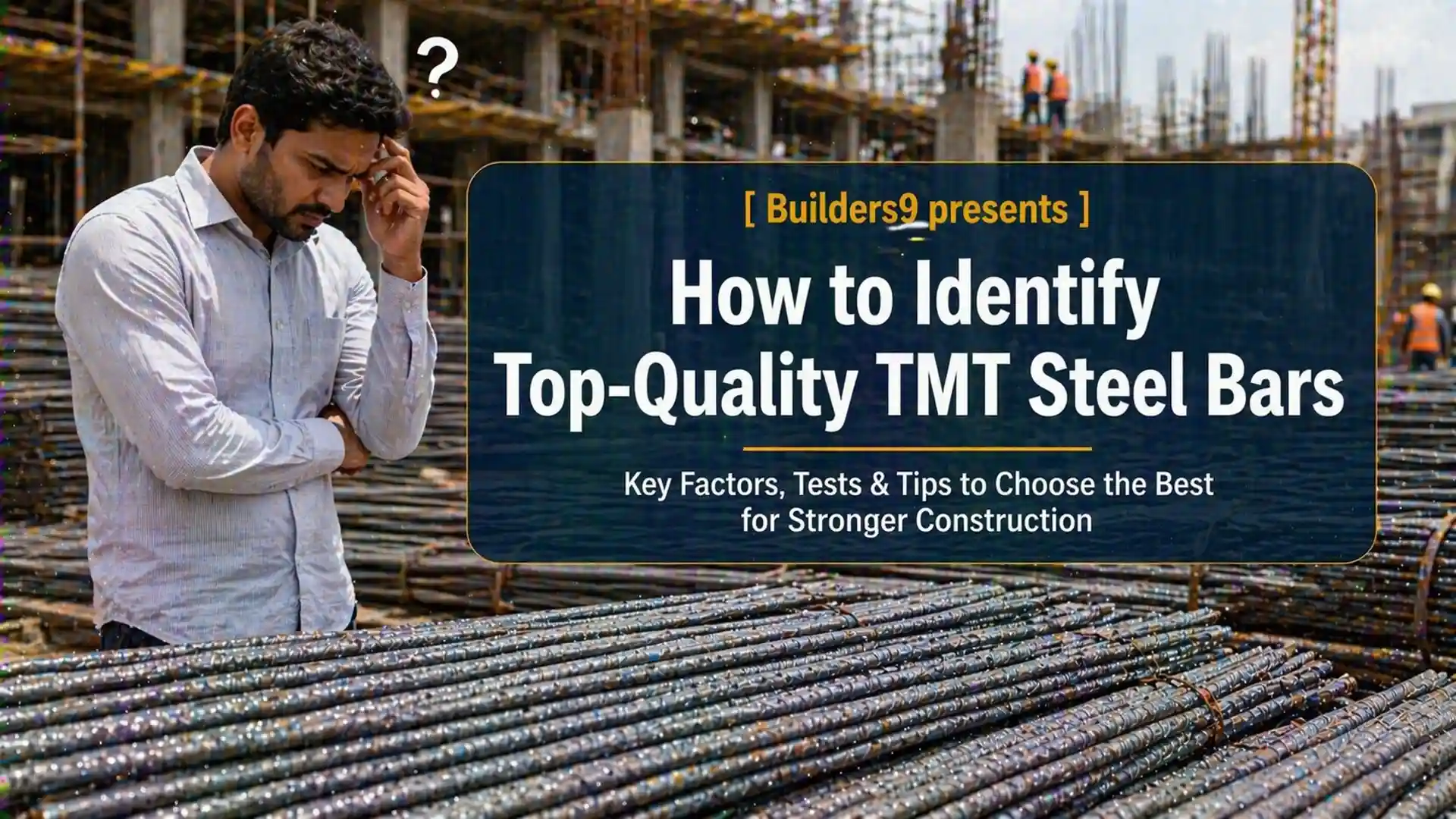 Man inspecting TMT steel bars at construction site to check quality and durability
