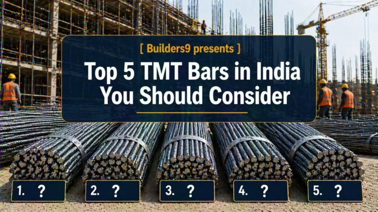 Steel yard with stacked TMT bars and leading Indian steel company logos, showcasing top manufacturers driving construction, infrastructure and industrial growth.