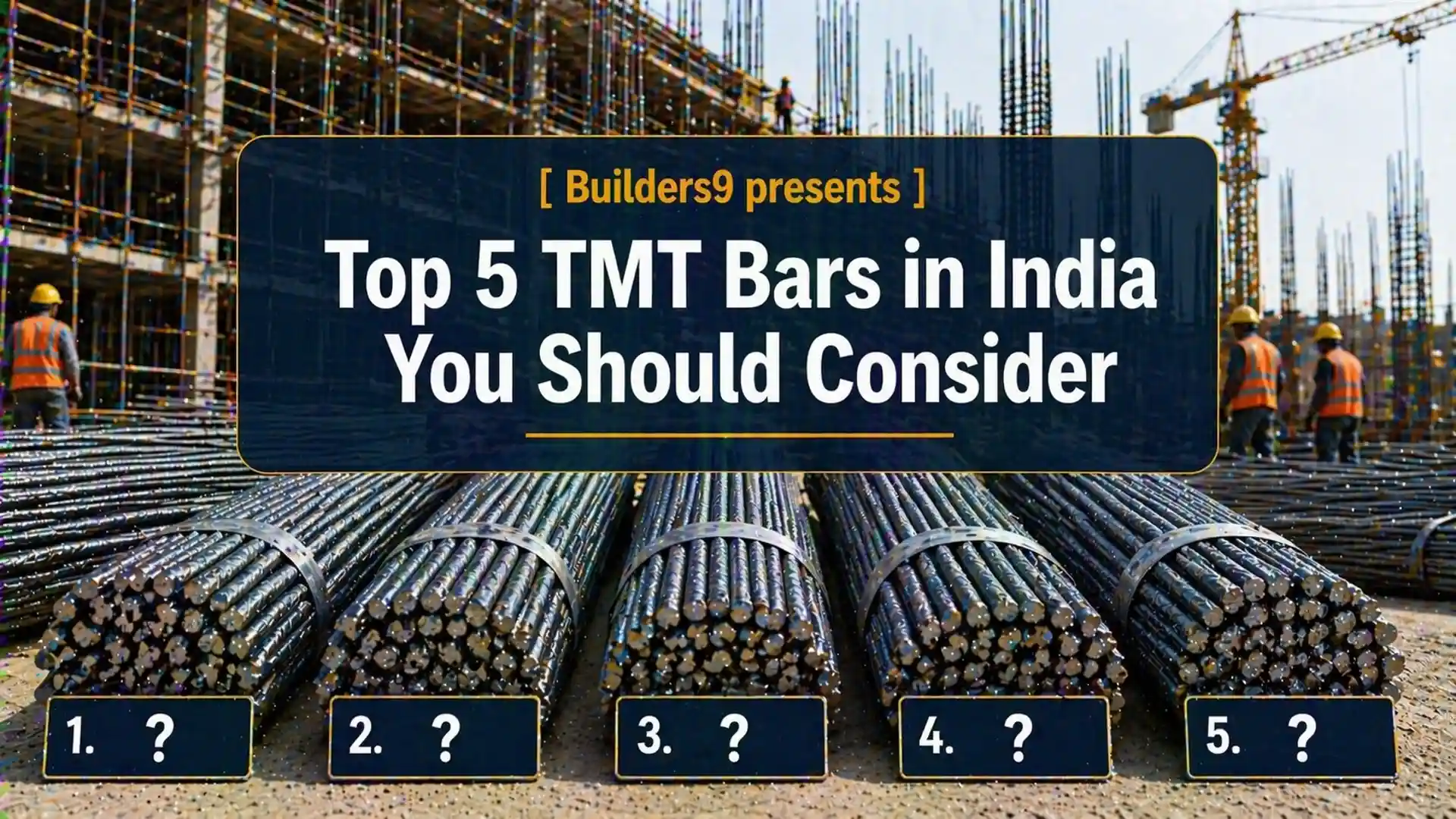 Steel yard with stacked TMT bars and leading Indian steel company logos, showcasing top manufacturers driving construction, infrastructure and industrial growth.