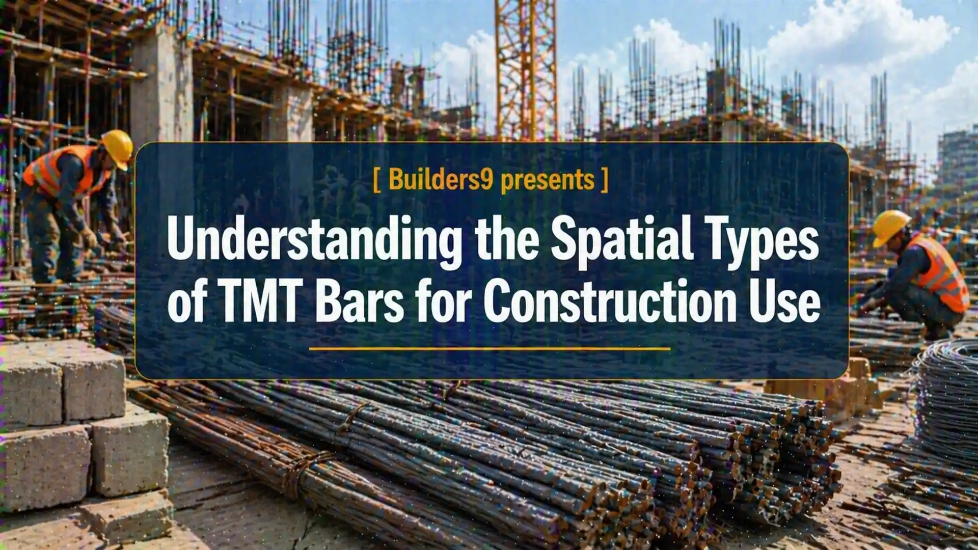 Construction site with workers handling stacked TMT steel bars used for reinforcement in building structures