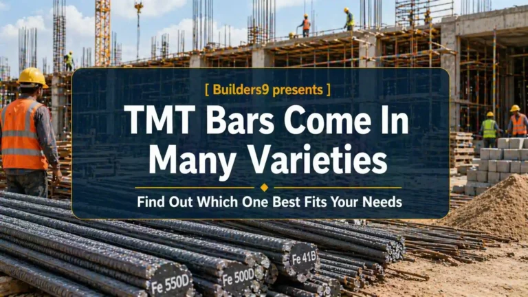 Different varieties of TMT bars stacked at construction site with workers and building framework