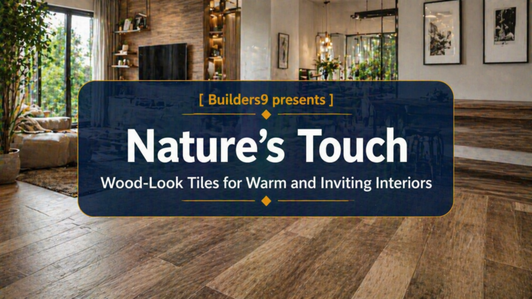 Modern living room interior with wood-look floor tiles, warm lighting, and natural decor elements