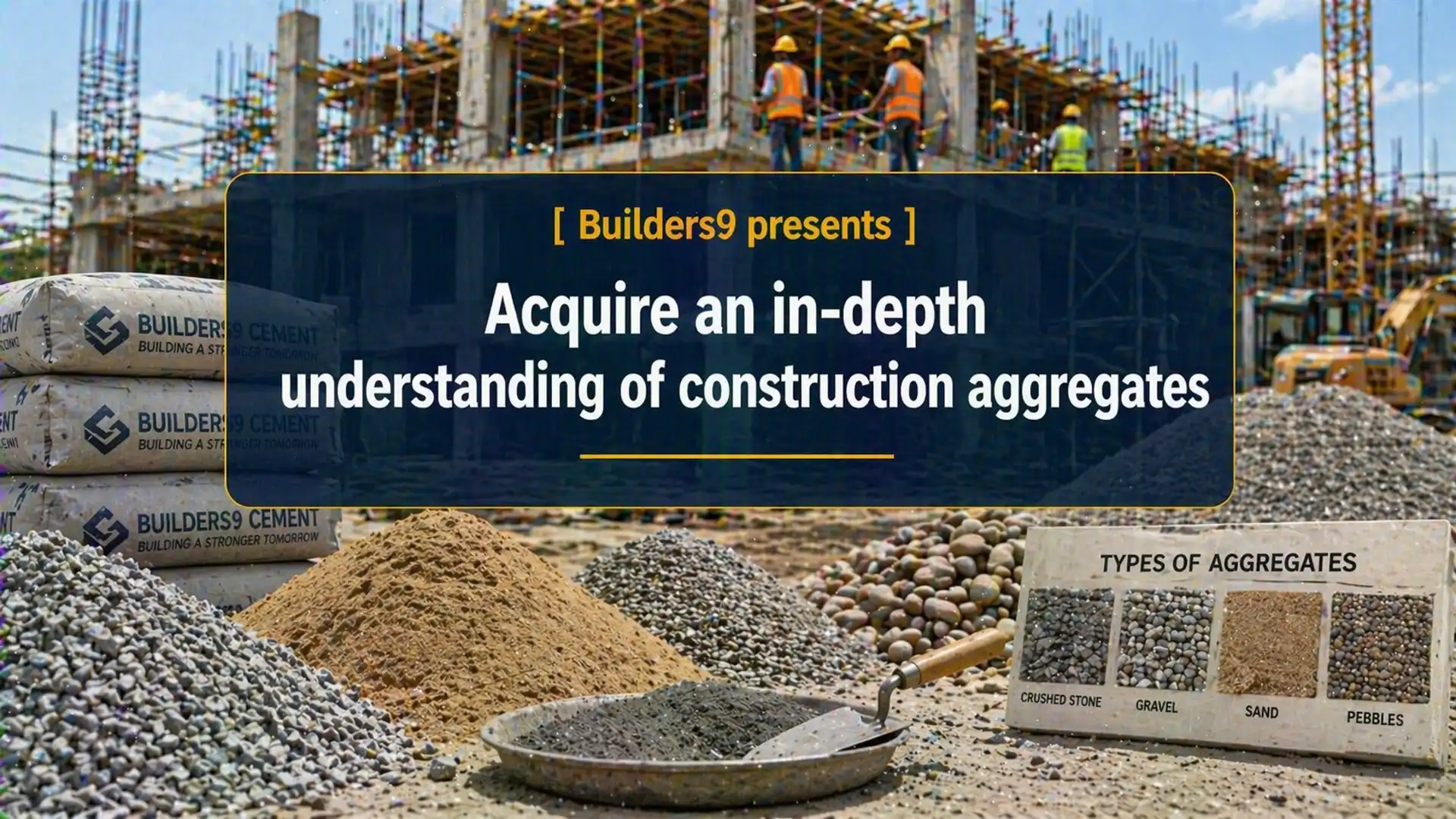 Construction site with piles of sand, gravel, and crushed stone aggregates alongside cement bags and workers