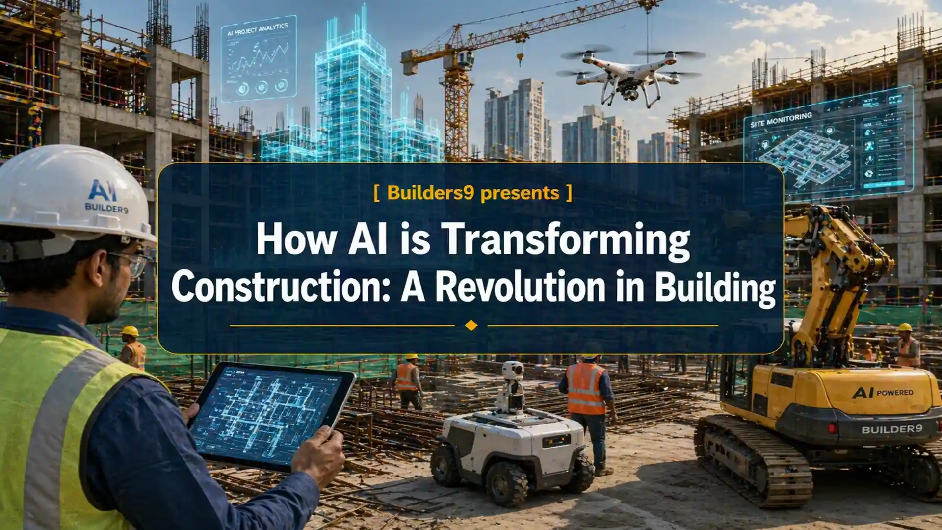 AI-powered construction site with drones, robotic machinery, and workers using digital monitoring tools