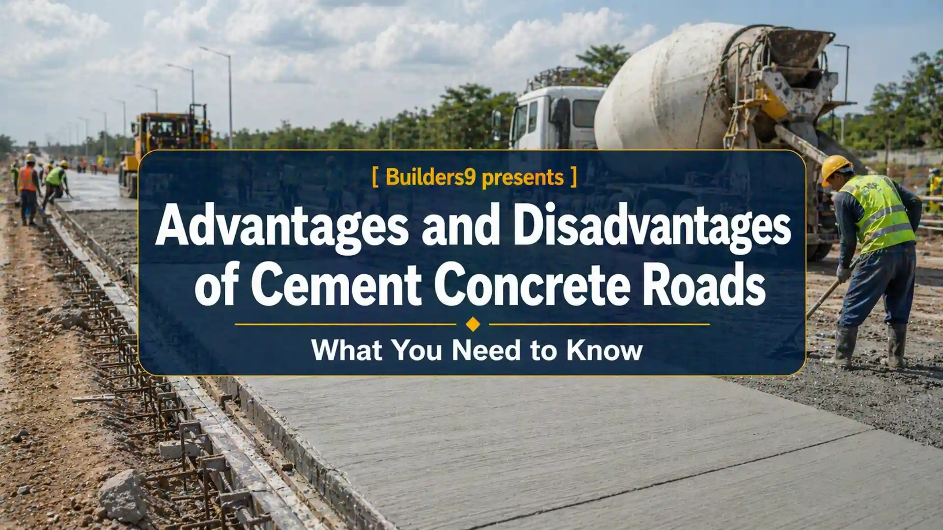 Cement concrete road construction with workers leveling fresh concrete and mixer truck on site