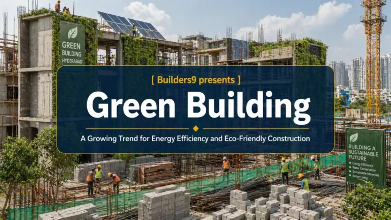 Green building construction site with solar panels, vertical gardens, and workers promoting eco-friendly and energy-efficient construction
