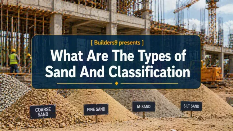 Different types of sand at a construction site including coarse sand, fine sand, M-sand, and silt sand