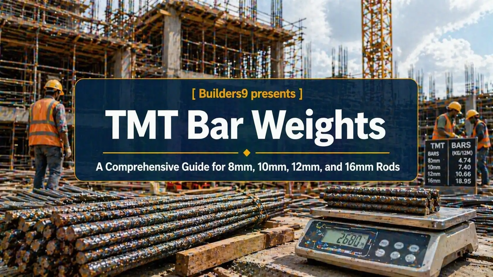 TMT steel bars being weighed at construction site showing different bar sizes and weight measurements