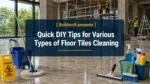 Cleaning floor tiles with mop and cleaning tools on wet floor inside building under construction