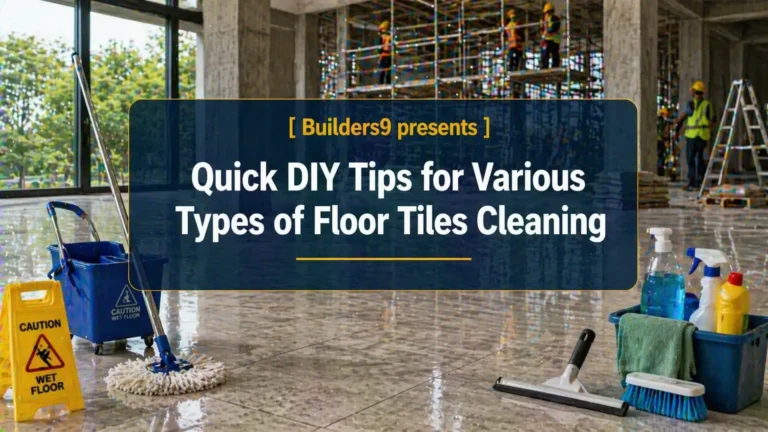 Cleaning floor tiles with mop and cleaning tools on wet floor inside building under construction