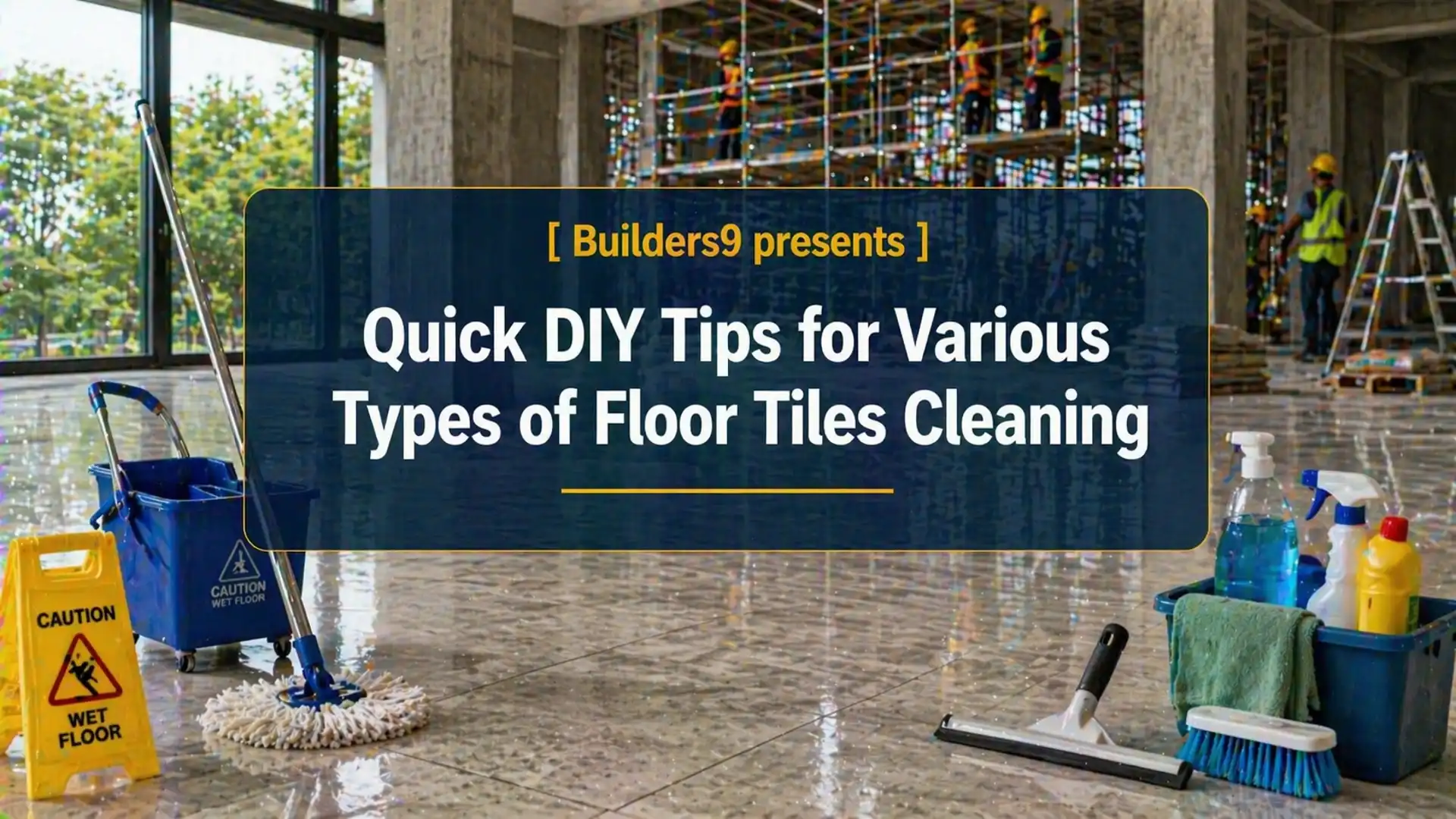 Cleaning floor tiles with mop and cleaning tools on wet floor inside building under construction