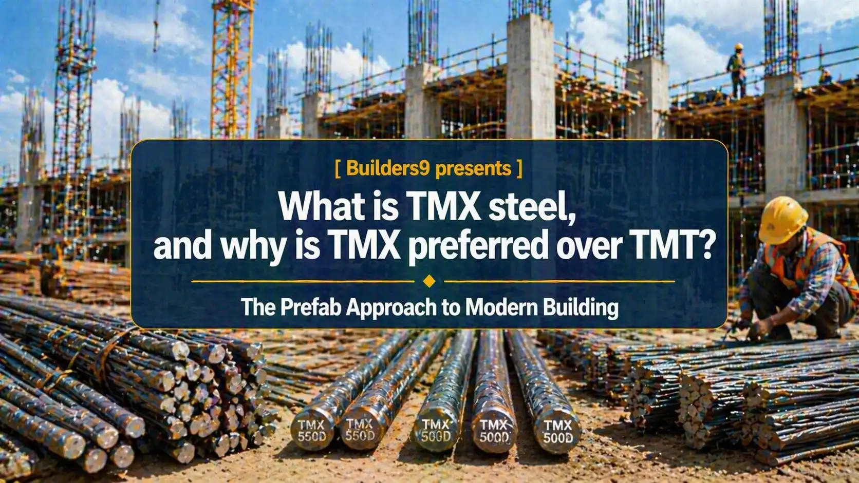 TMX steel bars at construction site with workers highlighting strength comparison with TMT steel