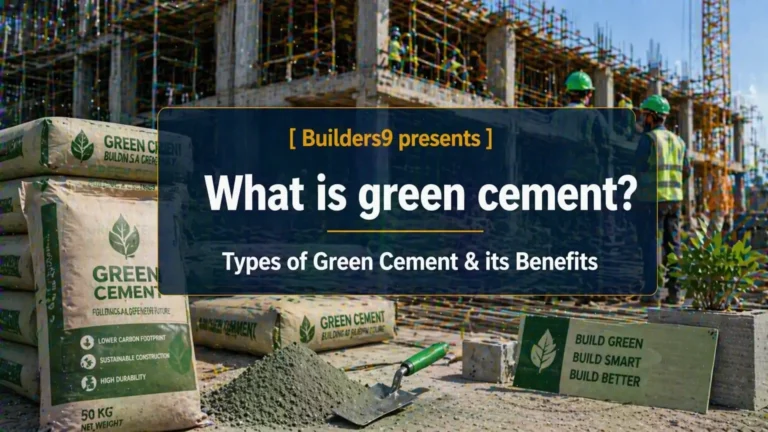 Green cement bags at construction site highlighting eco-friendly building materials and sustainable construction practices