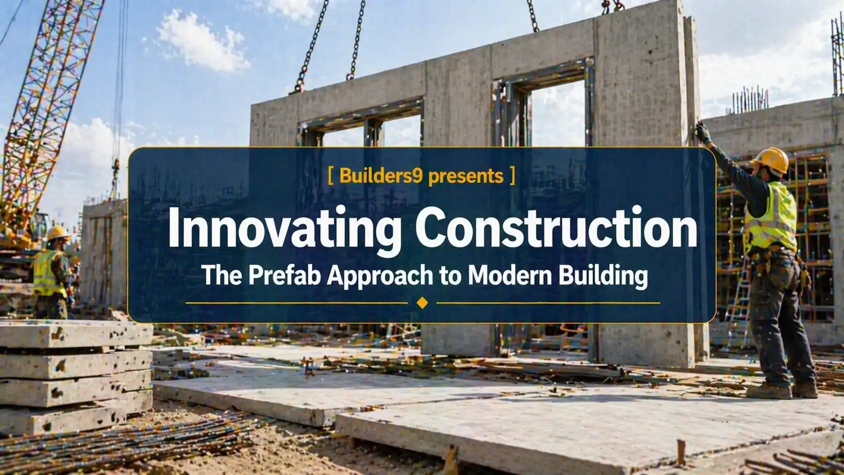 Prefab concrete wall installation at construction site using crane and workers assembling modern building structure