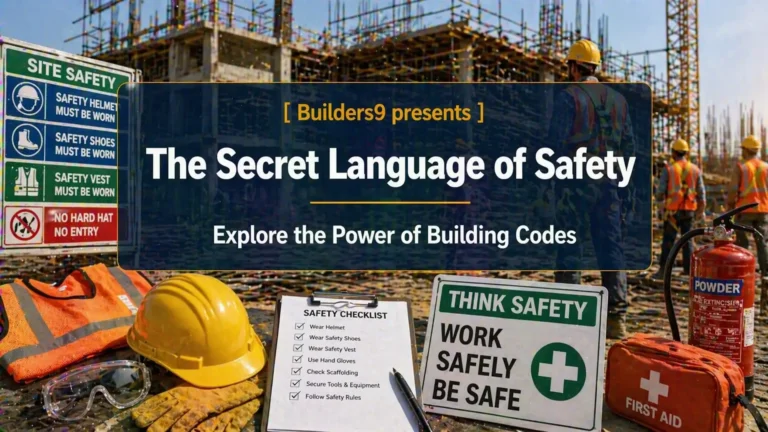 Construction site safety signs, helmet, gloves, checklist and workers highlighting building safety standards