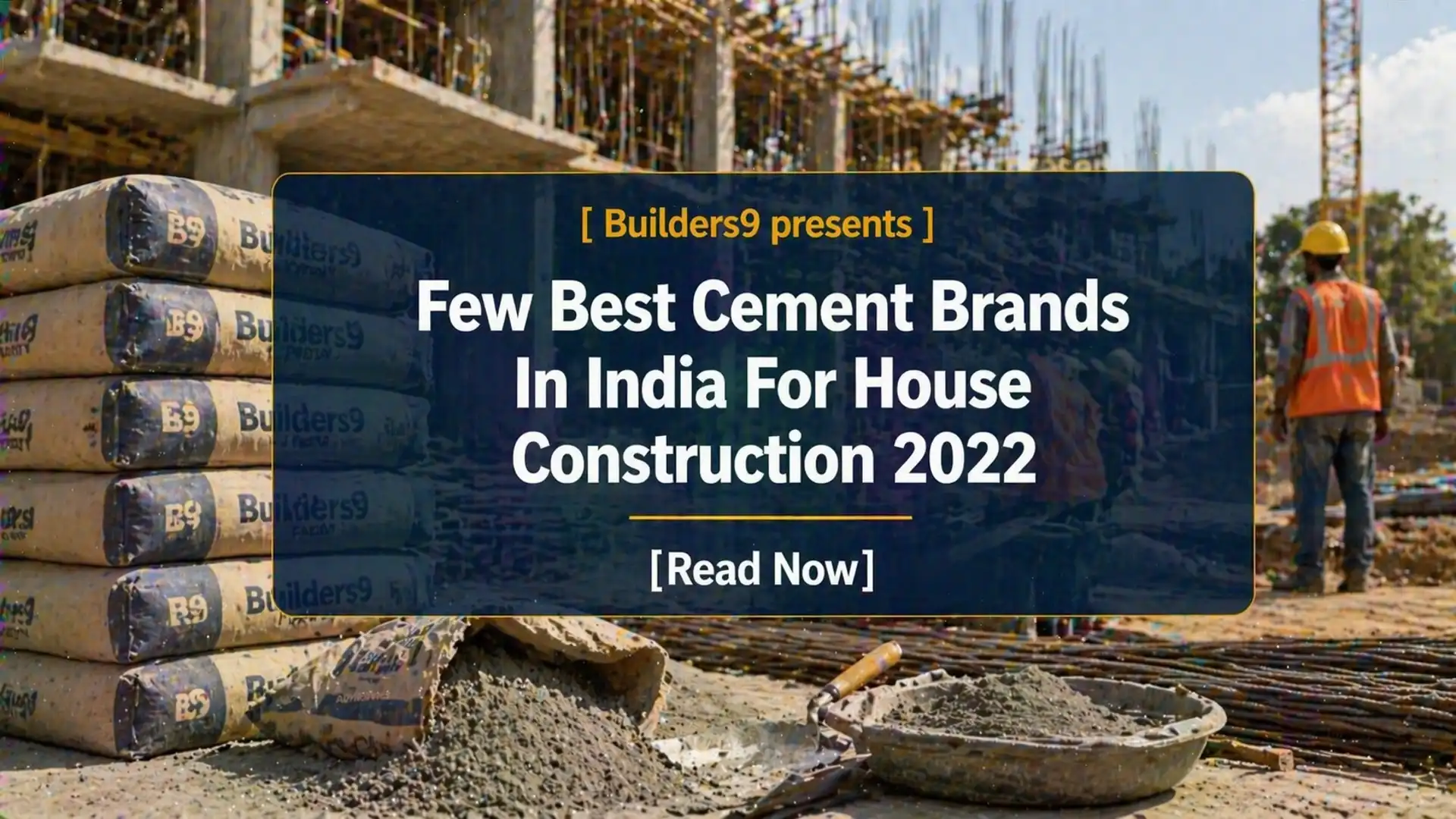 Cement bags stacked at construction site with fresh cement mix and workers building structure