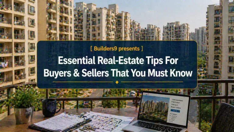Modern apartment buildings with real estate documents, laptop and keys showing property buying and selling process