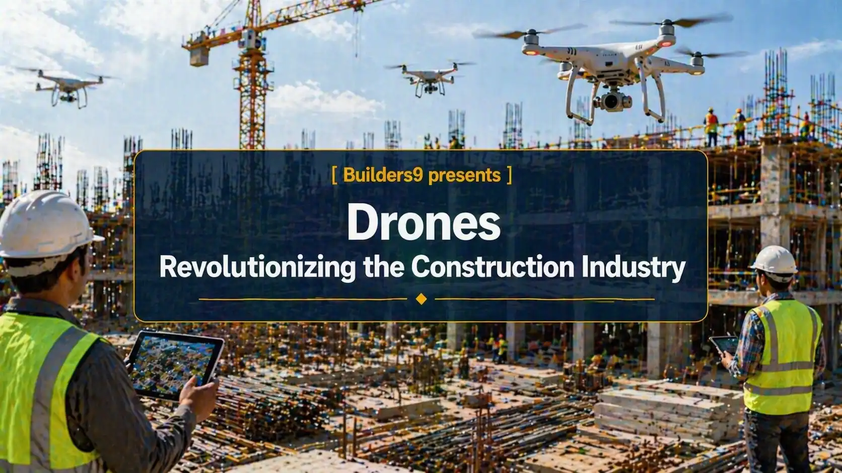 Drones surveying a construction site with engineers using tablets for monitoring building progress