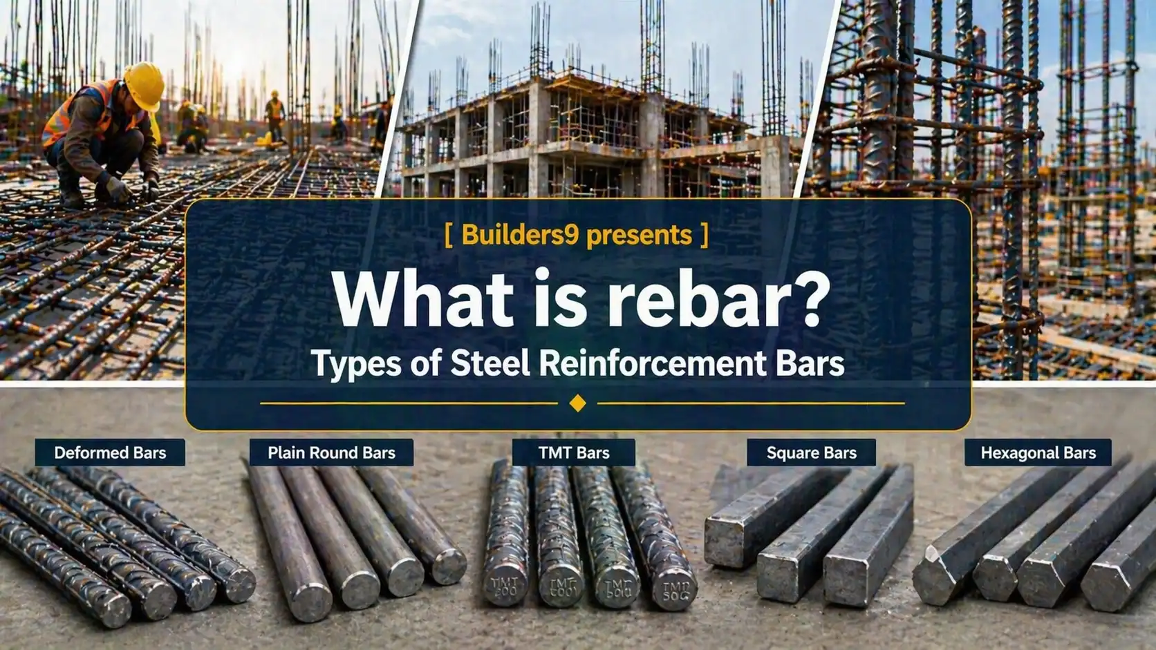 Different types of rebar including TMT bars, deformed bars, and plain round steel reinforcement bars used in construction