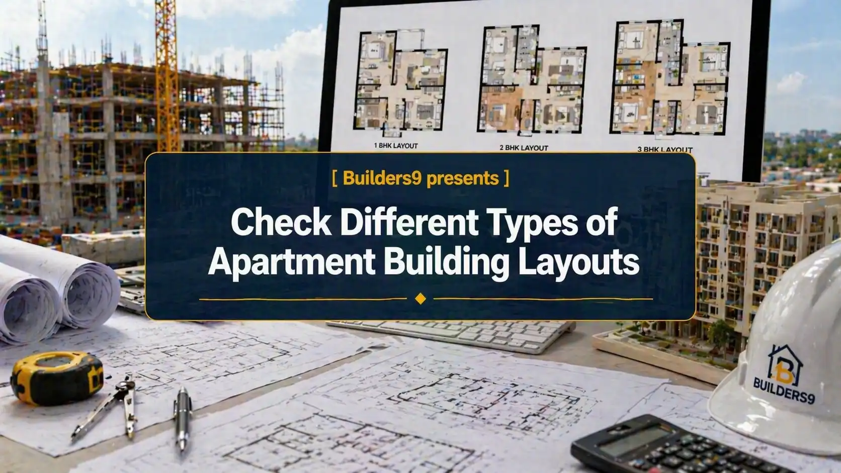 Apartment building layout plans with 1 BHK, 2 BHK and 3 BHK designs displayed on screen with construction blueprints on desk