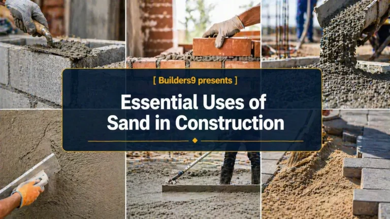 Various construction activities using sand including plastering, bricklaying, and concrete work