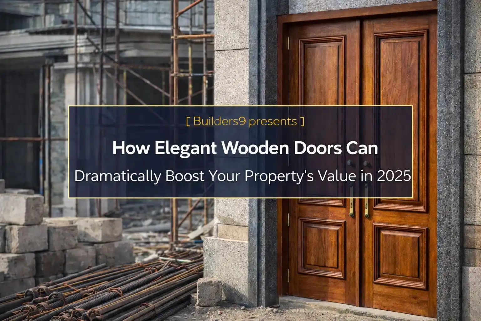Elegant wooden double door installed at a construction site with building materials and scaffolding in the background