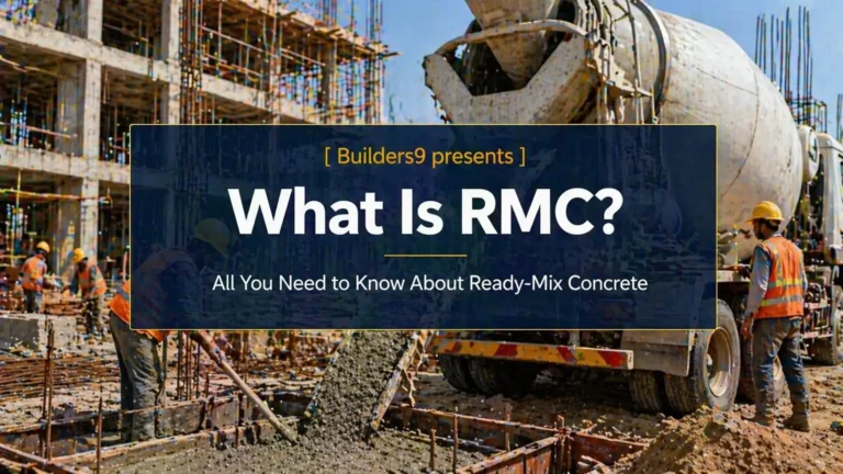 Ready-mix concrete truck pouring cement at a construction site with workers handling RMC for building foundation