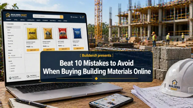 Laptop showing online building materials store with cement prices at a construction site