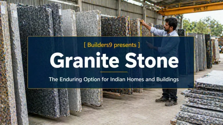 Granite stone slabs displayed in a warehouse with a worker inspecting different granite designs and finishes
