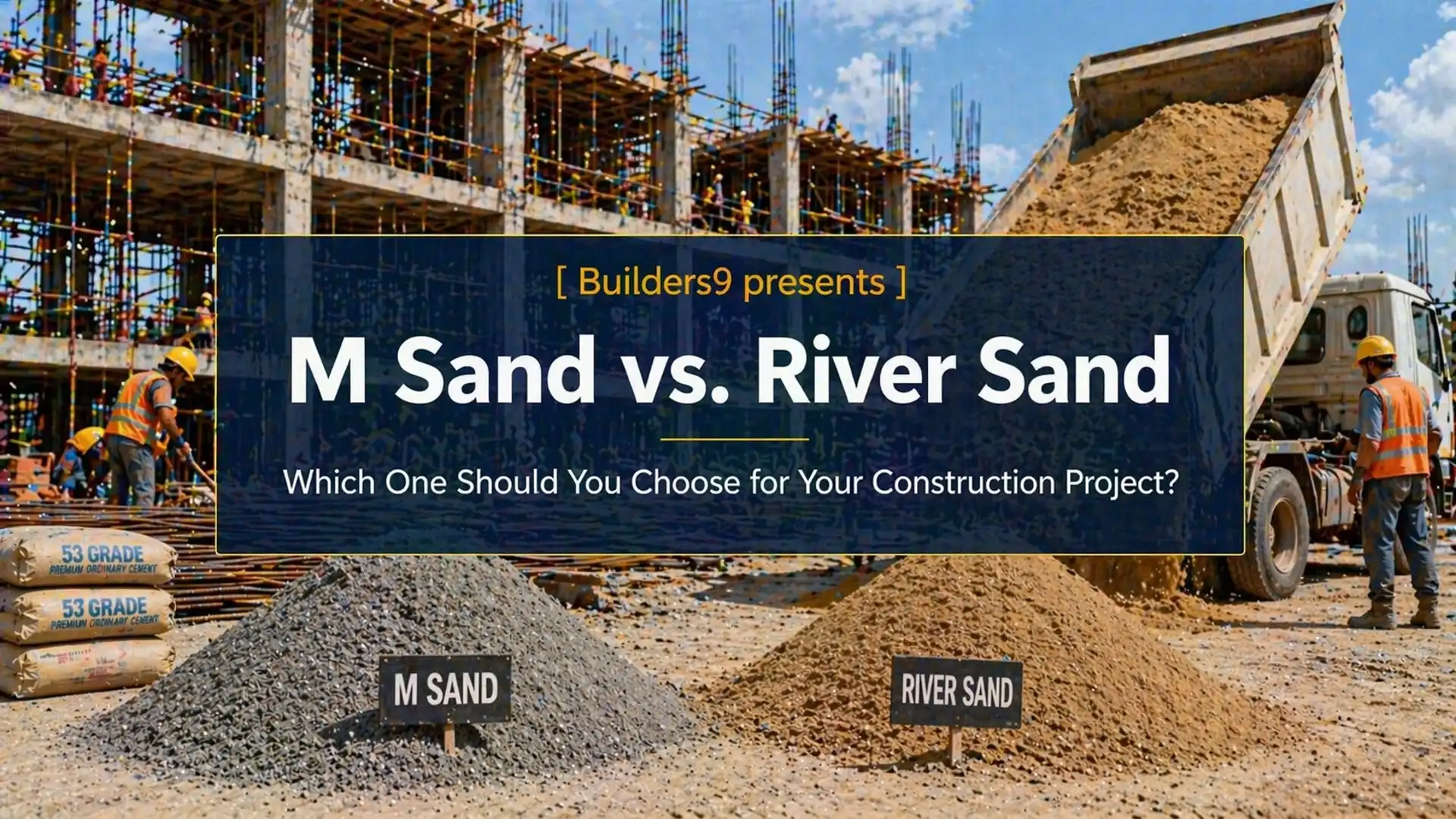 Comparison of M sand and river sand piles at a construction site with workers and machinery in the background