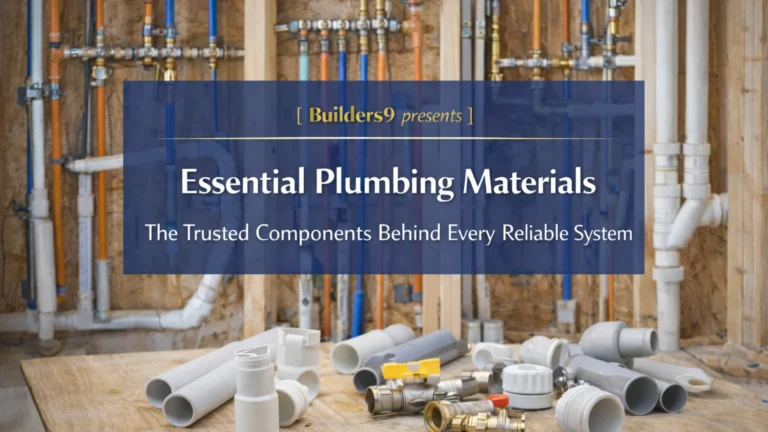 Various plumbing materials including PVC pipes, fittings, valves, and water supply lines arranged at a construction site wall