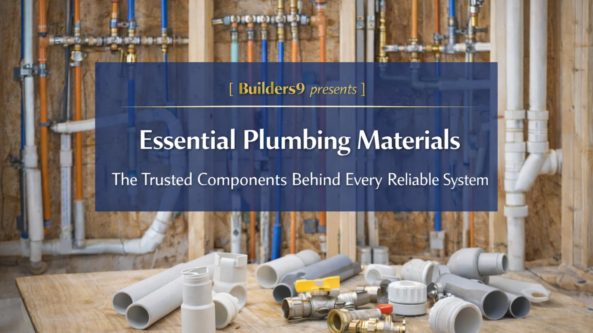 Various plumbing materials including PVC pipes, fittings, valves, and water supply lines arranged at a construction site wall