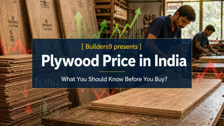 Plywood sheets stacked in a workshop with workers cutting wood, showing plywood pricing and manufacturing process in India